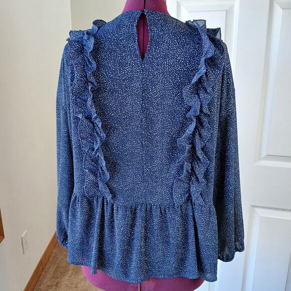 H&M Navy Speckle Ruffled Peplum Blouse 12 sheer retro 80s repaired LS - Picture 3 of 16